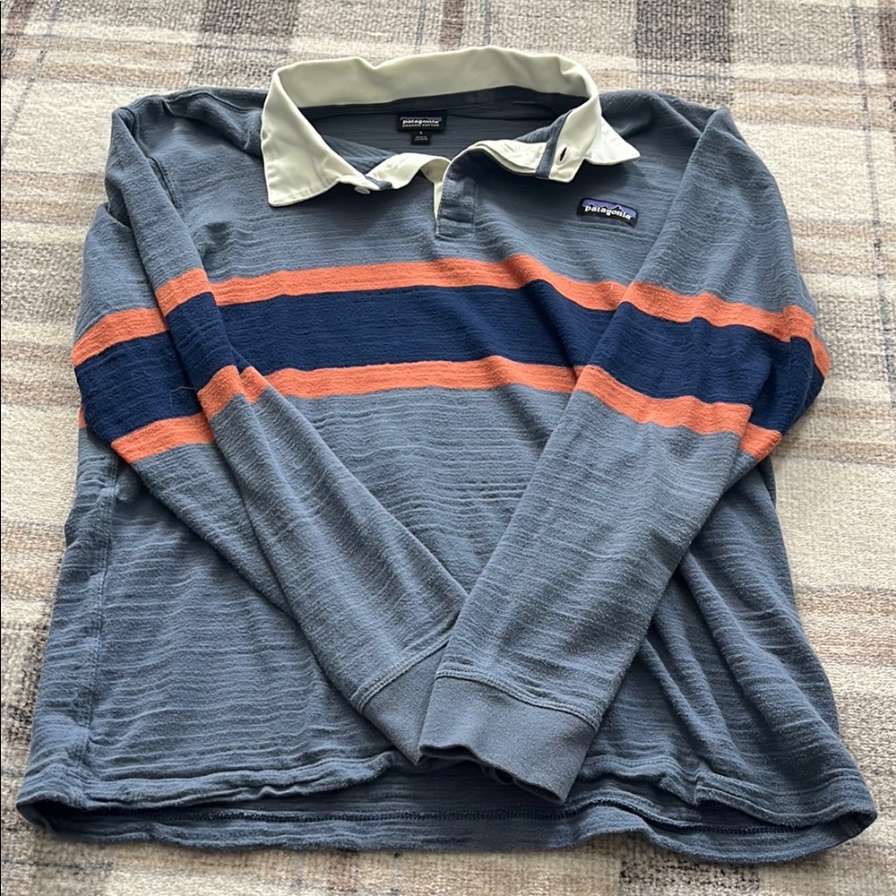 Patagonia Men's Polo with Blue and Orange Stripes